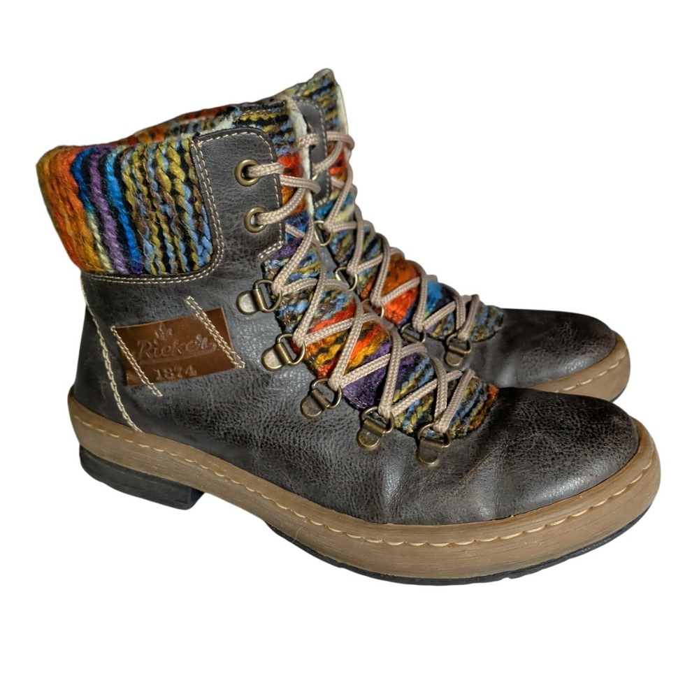 Rieker Felicitas Boots Womens Size US 6.5 EU 37 Leather Patch Side Zip Boho